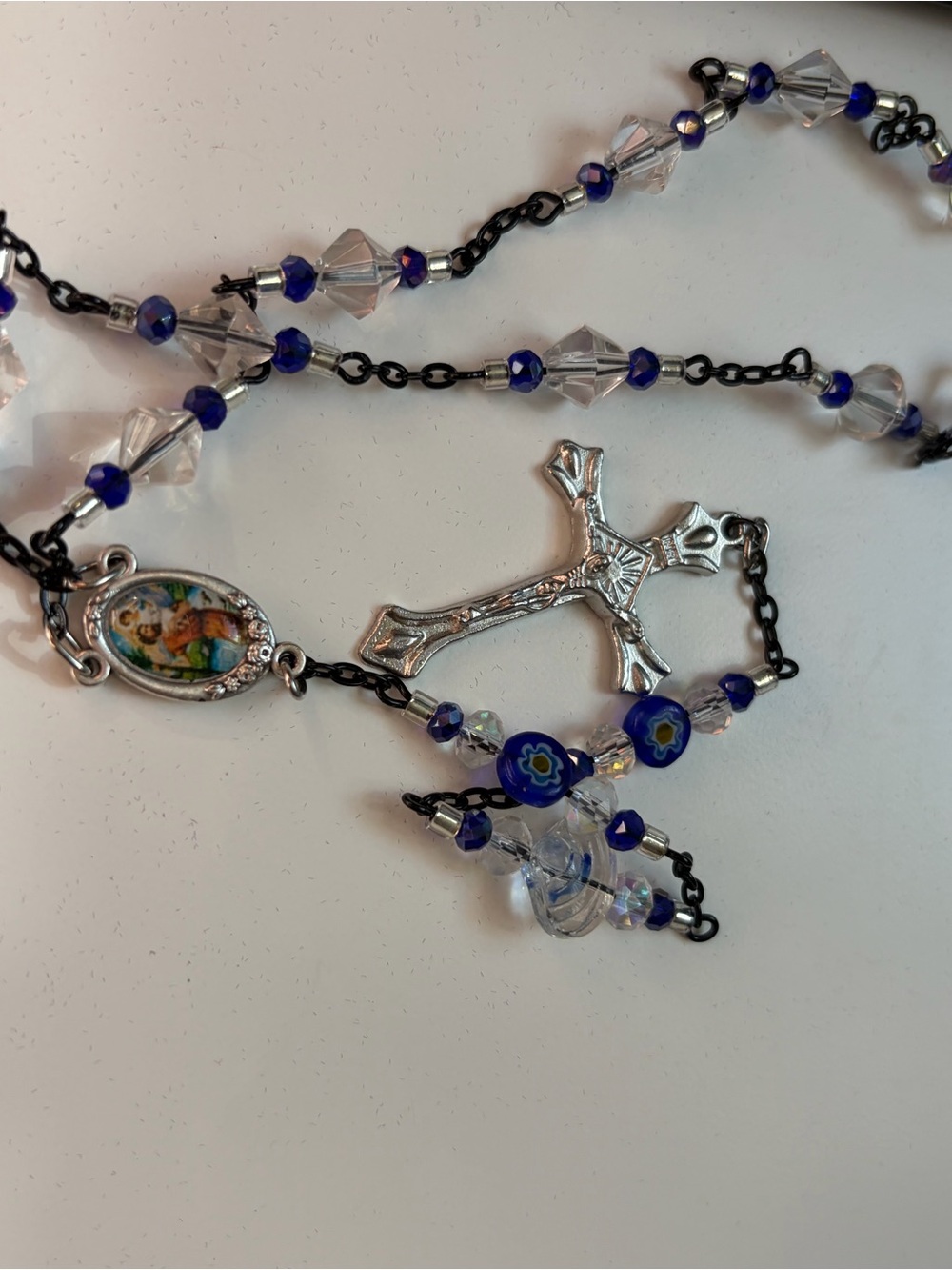 4/$100 Blue Beaded Rosary Necklace with Cross Pendant